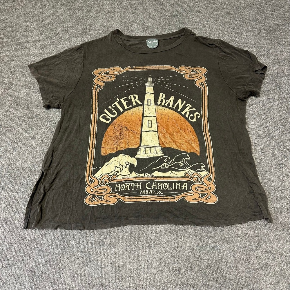 Arula T-Shirt Womens Size A Charcoal Gray Outer Banks Lighthouse Graphic Boxy